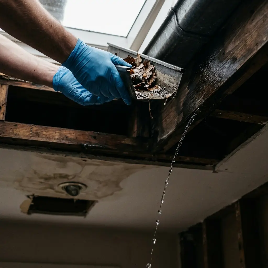 A gloved hand clearing leaves from a blocked spouting outlet above an open Auckland ceiling cavity, with water trickling down onto a stained ceiling below