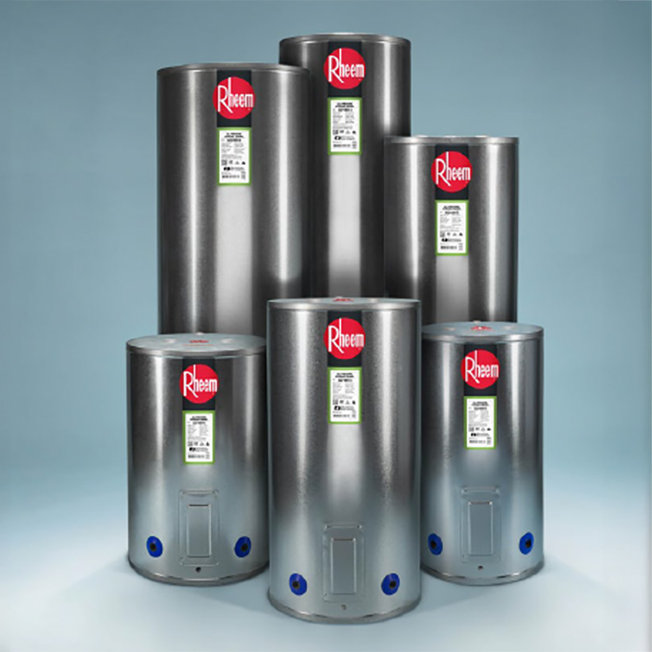 A range of Rheem hot water cylinders in different sizes, the brand Mr Plumber installs across Auckland